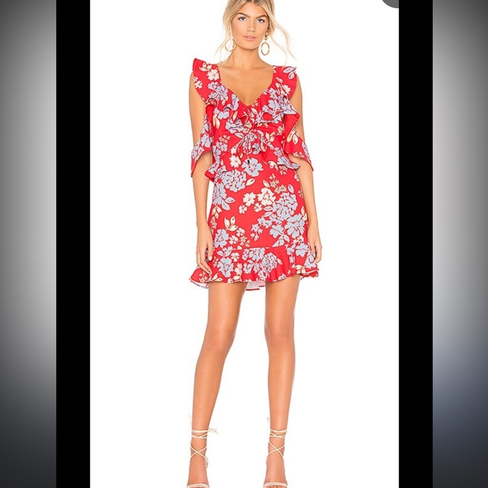 C/MEO Collective Red Floral Cold Shoulder Ruffle Mini Dress XS | Revolve